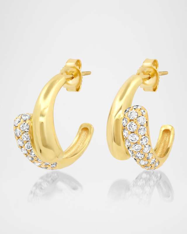 18K Yellow Gold Mini Double Dome Hoop Earrings with Diamonds